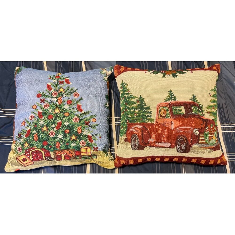 Set Of 2 Christmas-Themed Decorative Throw Pillows With Tree & Truck Design